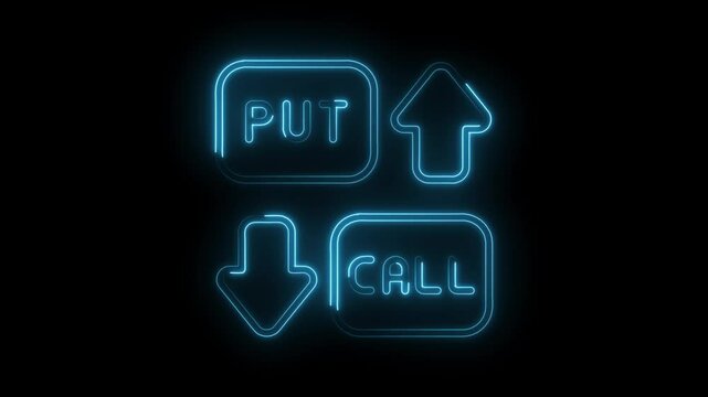 Animated neon stock trading options call put arrows on black background