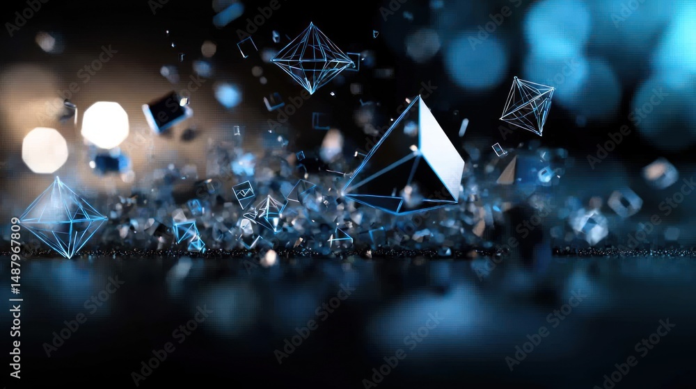 Poster abstract composition of floating geometric shapes in blue tones with a blurred background