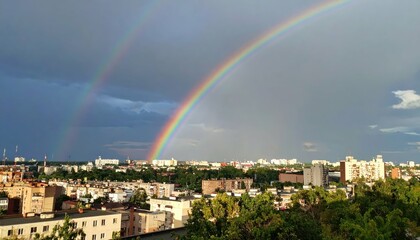 Stunning Cityscape with Rainbow Arching Over Buildings After Storm