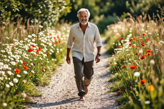 A mature man with silver hair and a warm smile confidently strides barefoot along a dirt path lined with vibrant wildflowers.