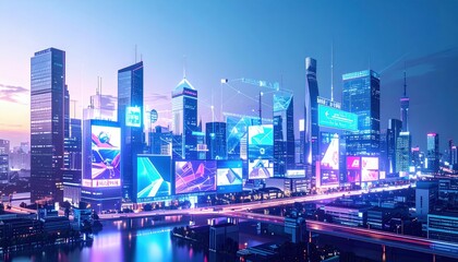 Fototapeta premium Futuristic Cityscape with Holographic Advertisements and Neon Lights