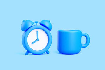 Blue 3D alarm clock and coffee mug icon on blue background