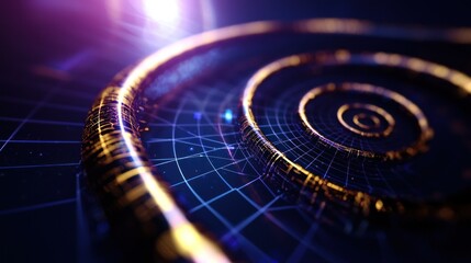 Abstract spiral design with glowing elements and a digital grid background, showcasing depth and light