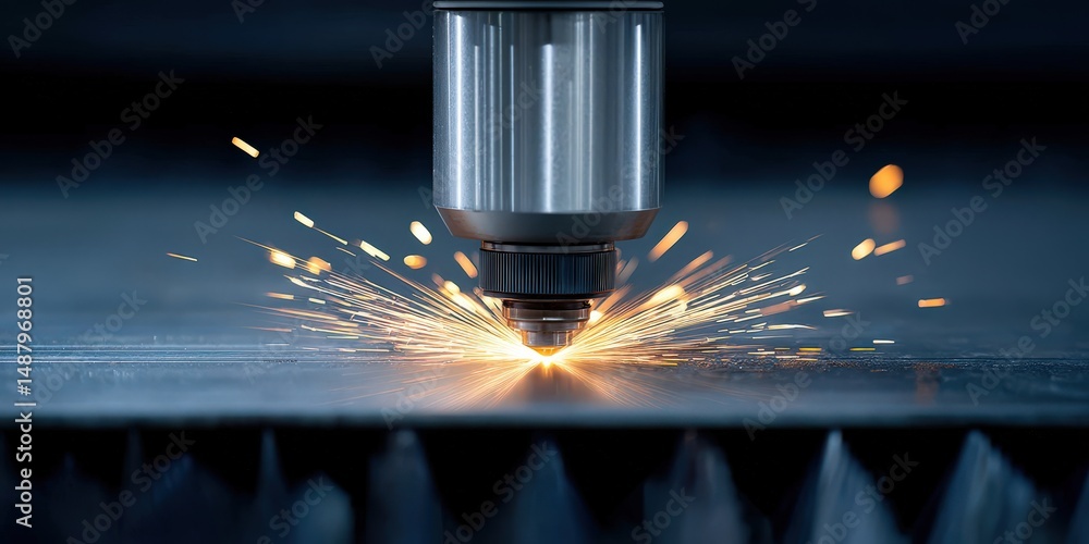 Poster precision laser cutting process generating sparks from metal sheet highlighting advanced technology 