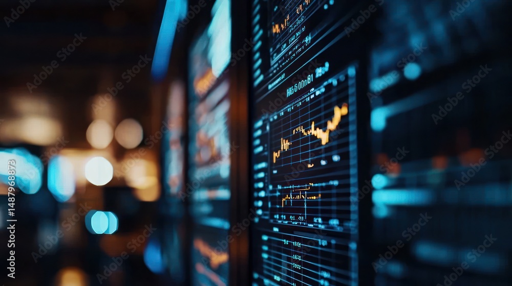 Poster close-up of financial data visualization on digital screens in a modern office environment
