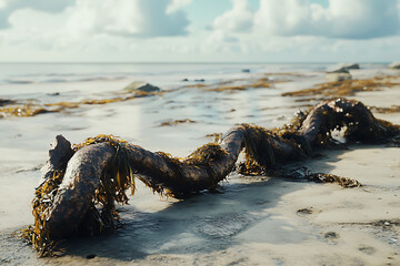 Seaweed-covered driftwood on a sandy beach with clouds in the background, capturing nature's beauty