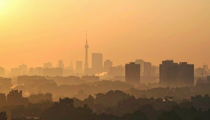 Hazy Cityscape with Air Pollution and Gritty Atmosphere at Sunset