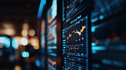 Close-up of financial data visualization on digital screens in a modern office environment