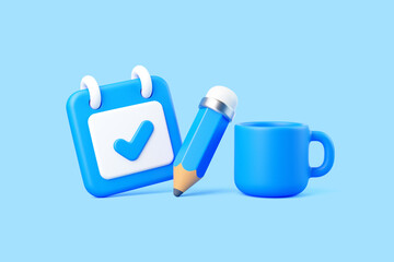 3D Blue Calendar, Pencil and Mug on Light Blue Background