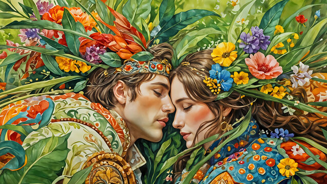 Man and woman lying close together in a bed of flowers and leaves, They are adorned in ornate, colorful garments with intricate patterns and designs