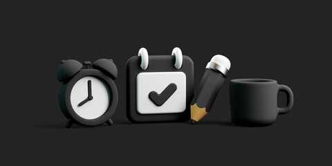 3D Black Office Icons with Alarm Clock, Calendar, Pencil and Mug