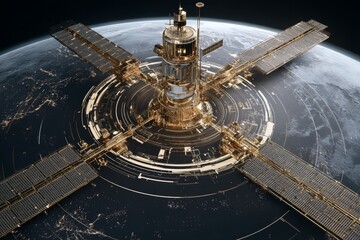 Futuristic golden space station orbiting Earth with solar panels and flowing data visuals in a cosmic background