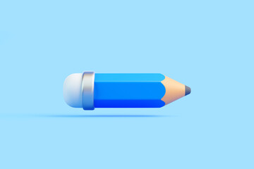 Blue pencil with eraser floating on light blue background, minimal design