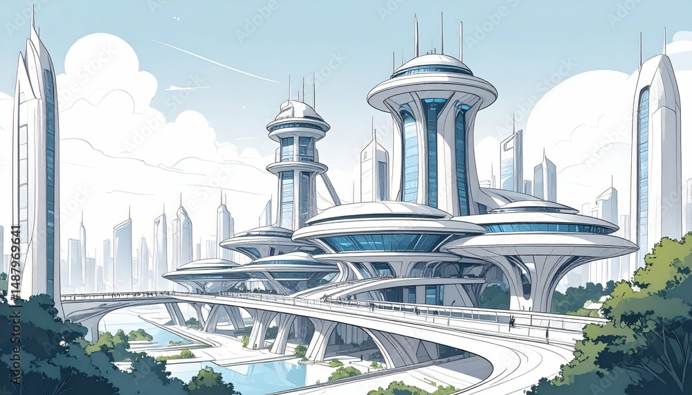 Poster futuristic cityscape with multi-level structures and intricate walkways