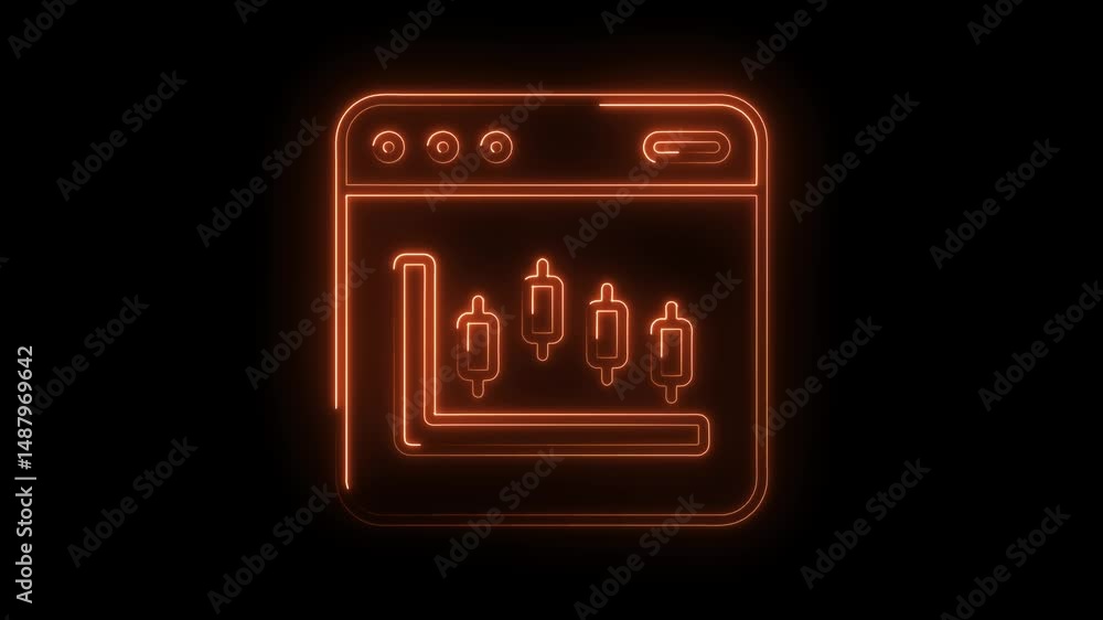 Poster neon style stock chart in browser window with glowing lines on black