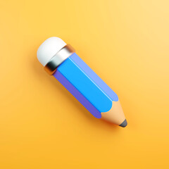 3D blue pencil with eraser on yellow background