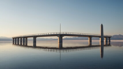Obraz premium Bridge over water reflecting in calm water under a clear sky.
