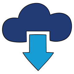 Hand drawn cartoon blue download cloud icon on white background.