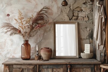 Rustic Interior Design with a Mirror, Dried Flowers, and Vintage Decor on a Wooden Surface Frame Templates