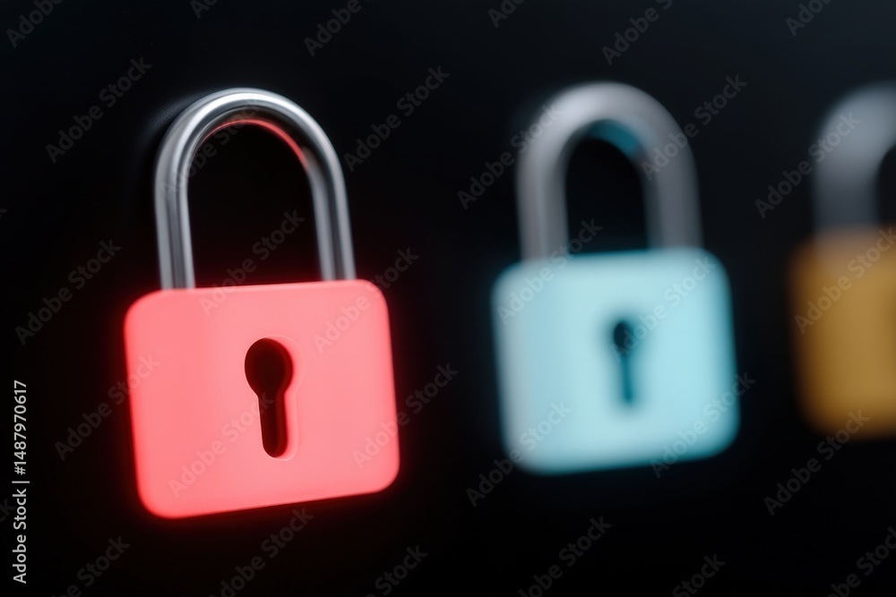 Poster close-up view of colorful padlocks highlighting security and protection against digital threats emph