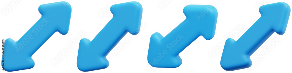 Poster set of colorful blue arrows in dynamic direction representing movement 3d render icon illustration