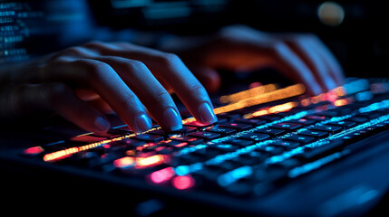 Hands typing code on illuminated keyboard with data stream background