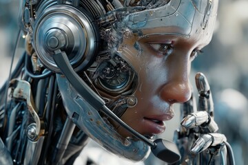 Futuristic robotic face with headset showing advanced technology and human-like features, ready for conversation in sci-fi setting