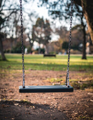 A single empty swing sways gently in a quiet park, evoking a sense of peaceful solitude or waiting.