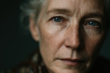 Obraz premium Striking portrait of mature woman with captivating blue eyes reflecting wisdom and depth against a dark, blurred backdrop.