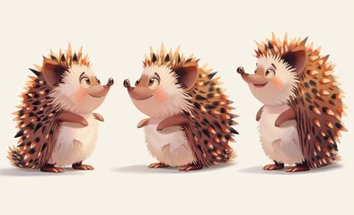 Three Happy Friendly Hedgehogs Standing Together