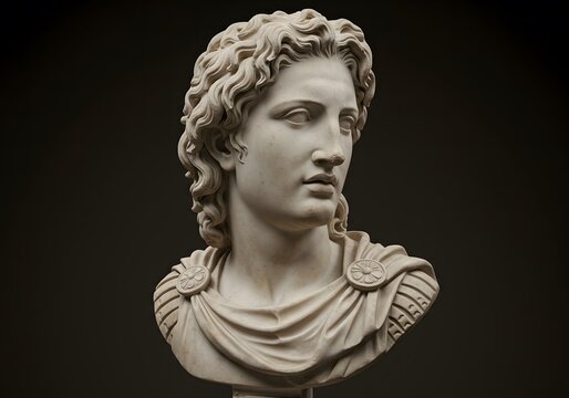 Alexander the Great, marble sculpture isolated black background