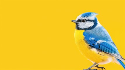Obraz premium Bright colorful bird portrait on yellow background, vibrant blue and yellow bird, nature wildlife photography, detailed feather texture, exotic bird close-up, copy space