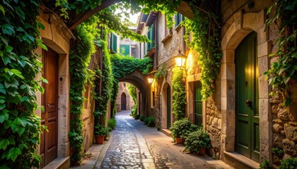 Fototapeta premium Serene Alleyway in Historical City with Overgrown Ivy and Doorways