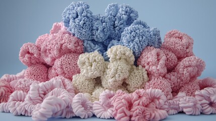 Colorful crocheted coral reef structures displayed against a backdrop.