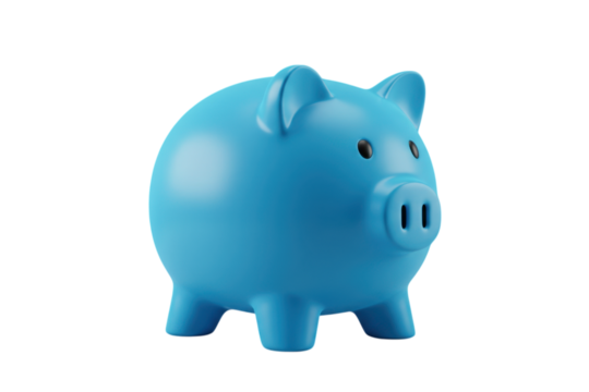 Blue piggy bank saving money and finance concept isolated on transparent