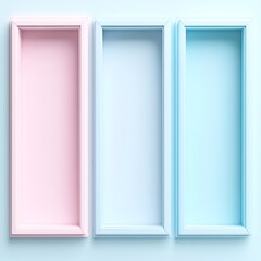 Three pastel colored empty picture frame photo conceptual presentation on light blue background.