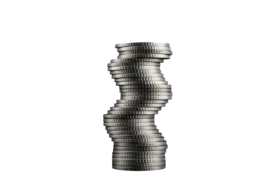 Tall unstable stack of silver coins isolated on transparent background