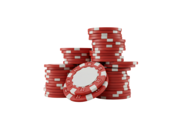 Stacks of red poker chips with dice symbols isolated on transparent background