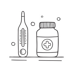 Fototapeta premium A thermometer beside a medicine bottle on the counter