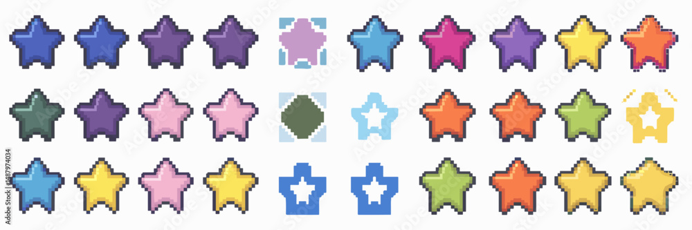 Poster pixel-style vector icon sheet of multicolored stars on transparent background