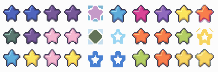 Obraz premium Pixel-style vector icon sheet of multicolored stars on transparent background