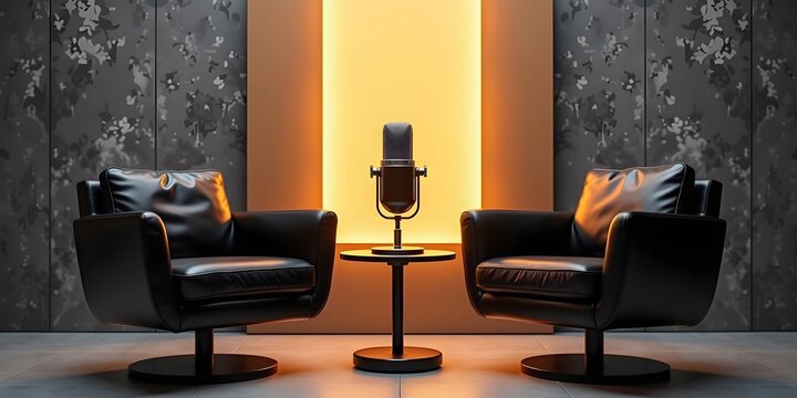 Podcast studio setup with microphone and leather chairs for interview