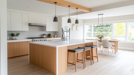 Fototapeta premium Modern minimalist kitchen with light wood accents and spacious layout