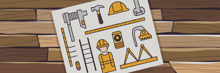 Construction work symbols on wooden site background – Ideal for carpentry blogs, instructional content, or contractor branding