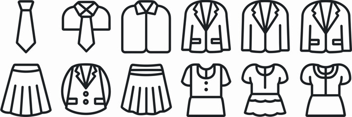 clean vector icon set of business clothing such as tie shirt jacket and skirt – great for office style guides, business websites, or fashion catalogs