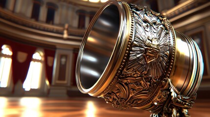 Ornate, metallic cup within a grand hall.