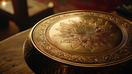 Ornate brass tabletop decorative piece, detailed close-up view.
