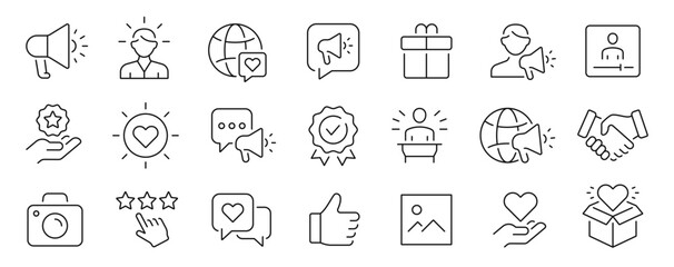 Brand ambassador thin line icons set. Influence person, marketing symbol. Editable stroke. Vector