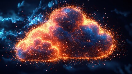 Fiery cloud shape in dark stormy sky, abstract digital art, possible use for technology/computing concept