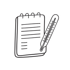 A thermometer stuck beside a logbook on a laboratory desk